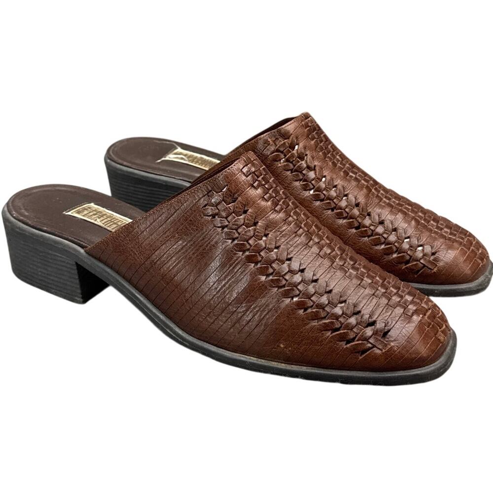 The Leather Collection Vintage 90s Brown Woven Leather Loafer Mule Women 8.5
